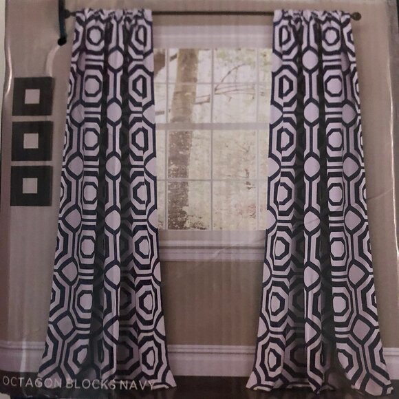 Room Darkening Window Curtain Navy 52X84 Set Half Moon Octagon Blocks #2567 - Picture 5 of 8